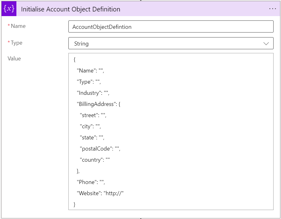 Azure Logic App variable definition for JSON object scaffold