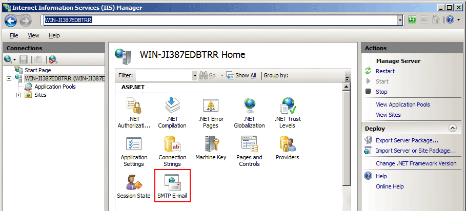 IIS Manager with SMTP Email option highlighted