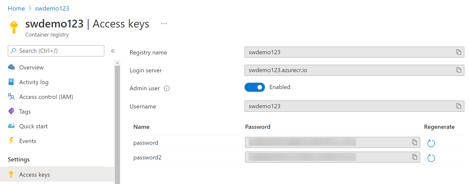 Azure Container Registry Access Keys blade. This is where you copy most of the Secrets from.