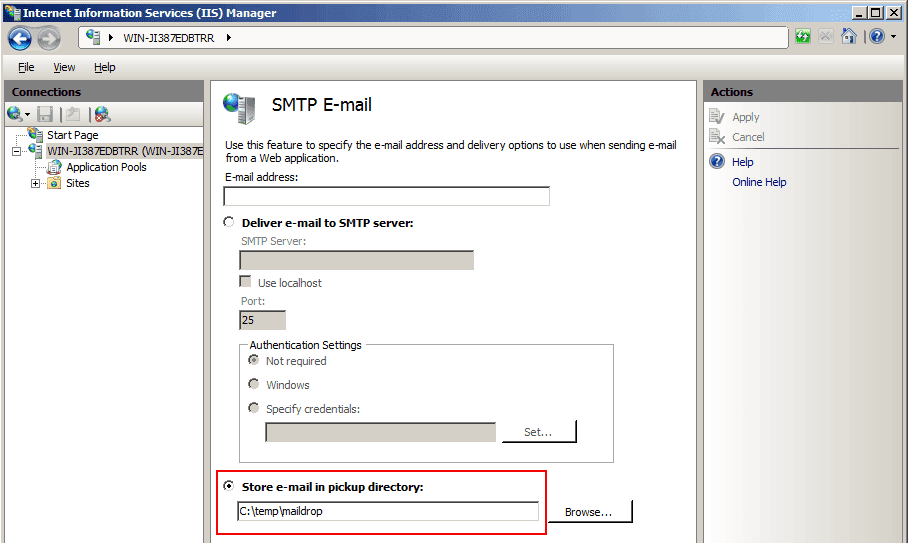 SMTP Email Settings Page with Drop Folder Highlighted