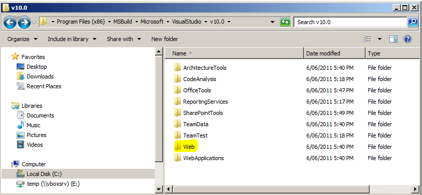 Web Folder Highlighted in Yellow.