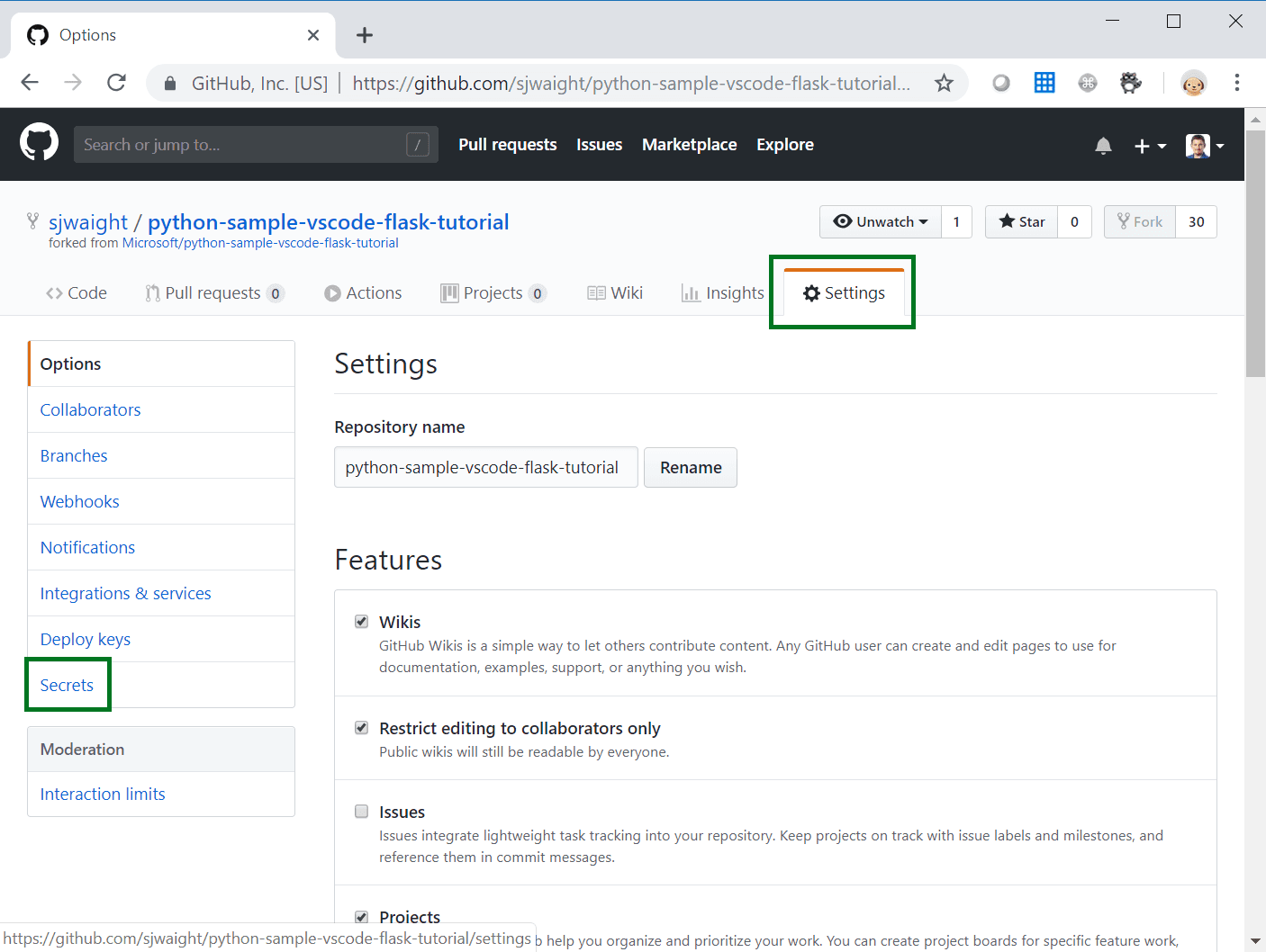 GitHub Settings - Secrets