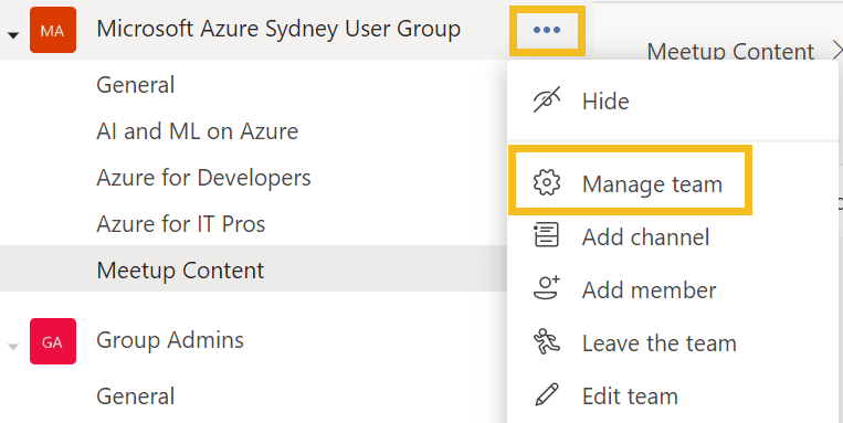 Access Teams Settings using the three dots