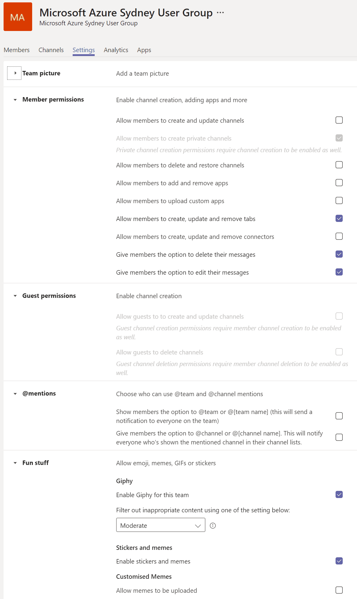 Teams Settings pane