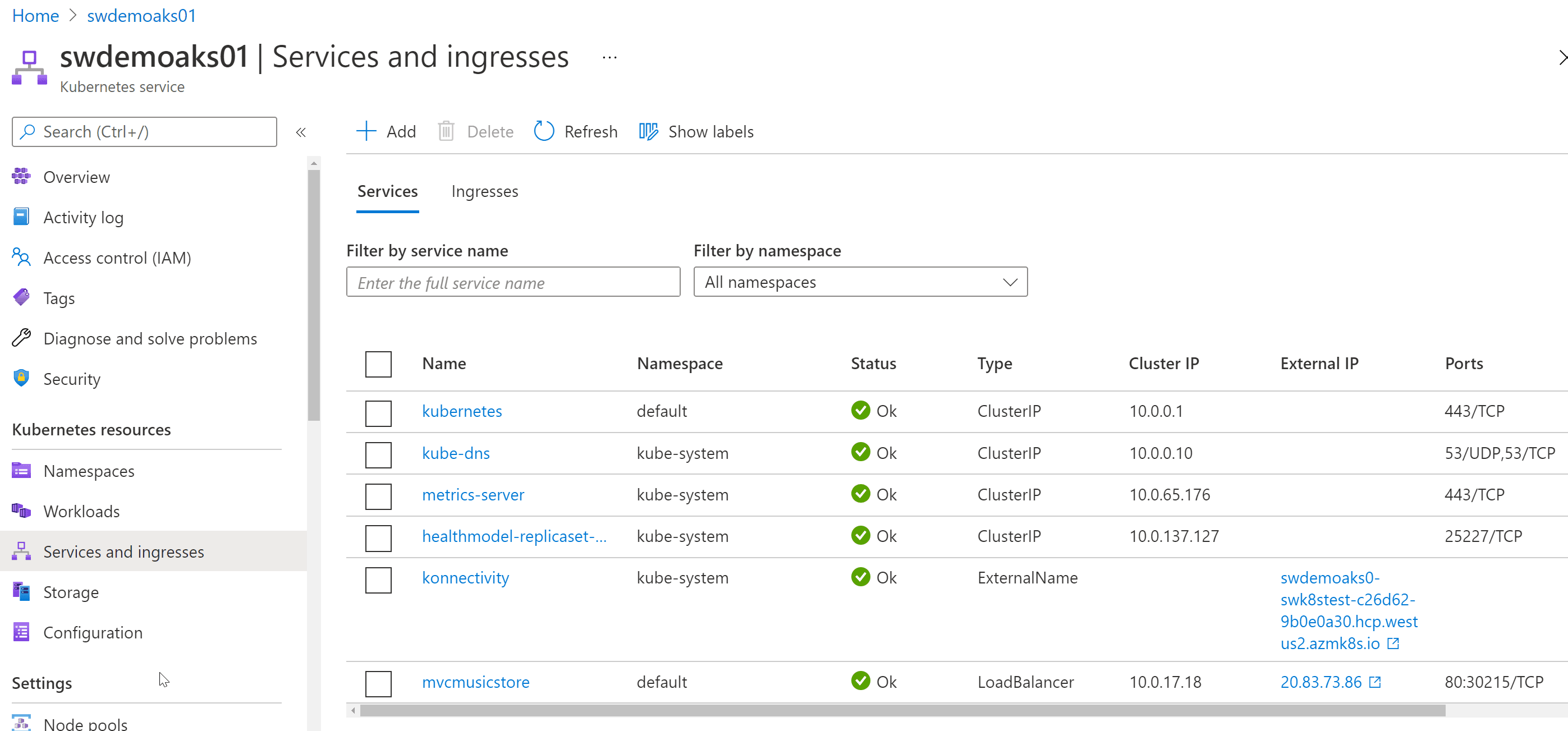 Services and ingresses view in Azure Kubernetes Service blade in the Azure Portal. Our new Service is at the bottom.