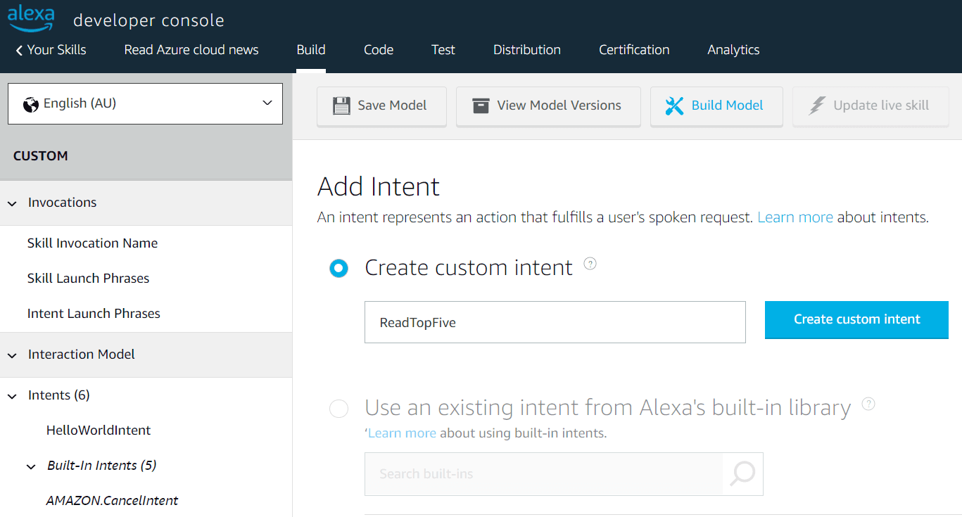 Defining an Intent for Alexa