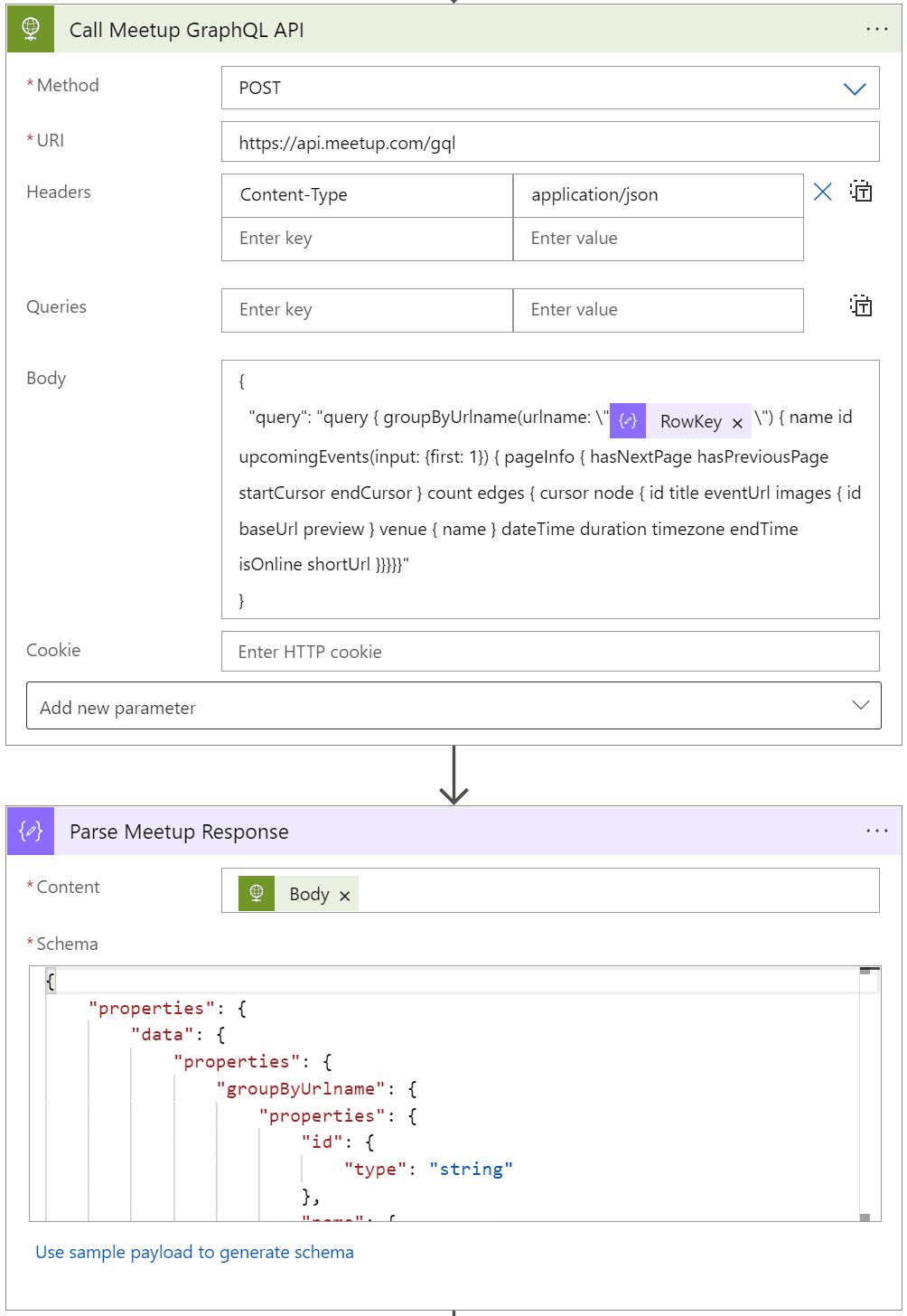 Logic App steps for reach API and parse response