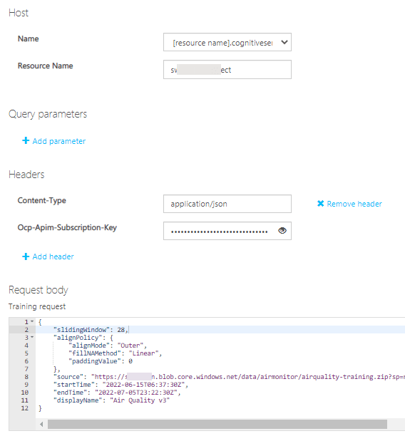 API Console configured to make request