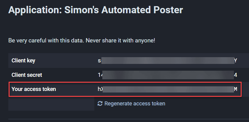 Application registration displaying client details and keys.