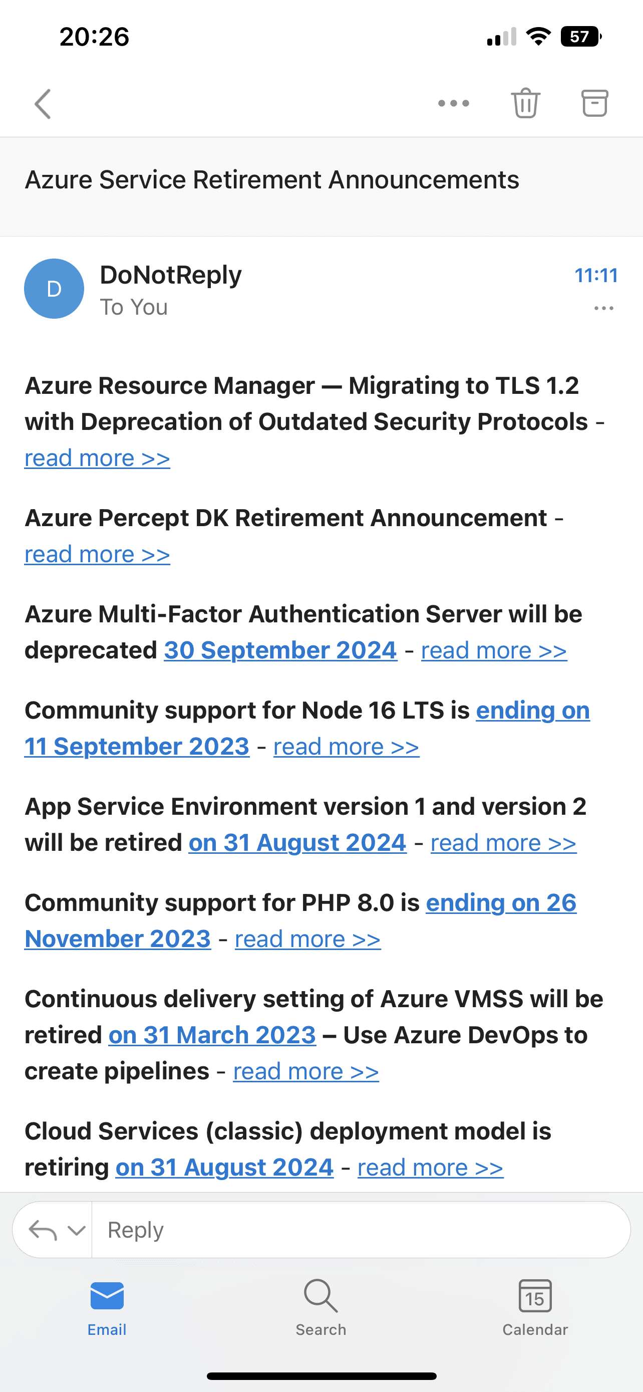 Screenshot of Outlook on iphone displaying the retirements email alert.