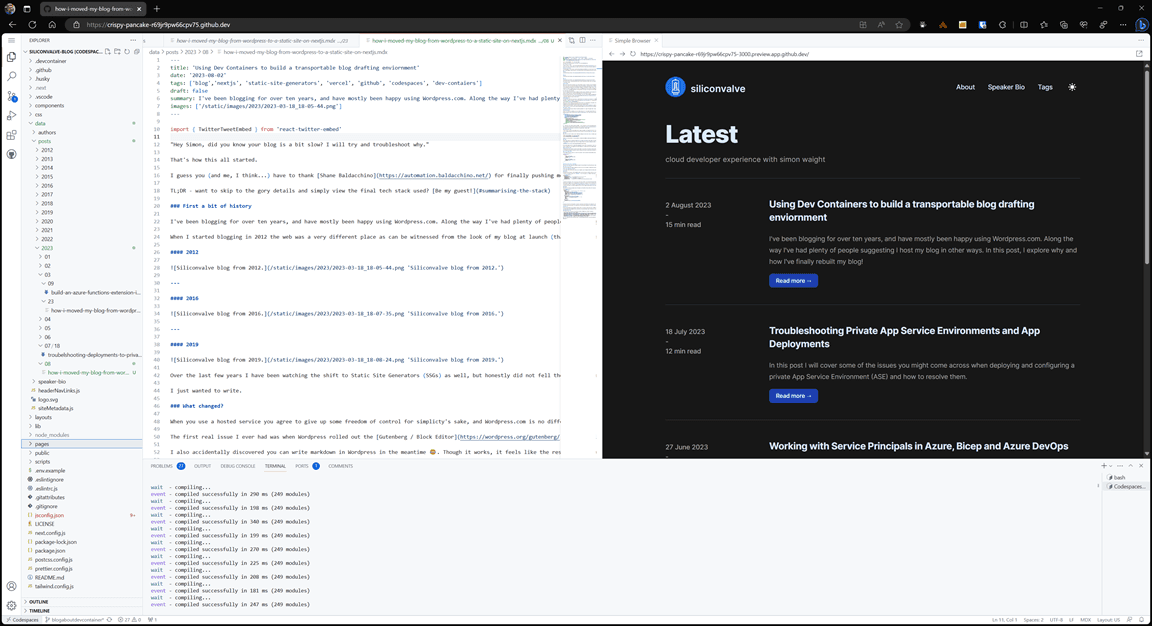 Siliconvalve blog open in a codespace.