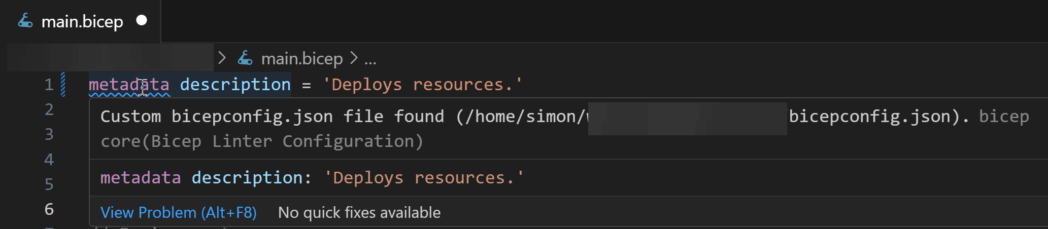 VS Code display Bicep cnfig file location