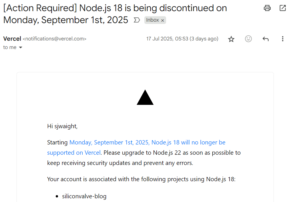 Node.js upgrade notification email from Vercel!