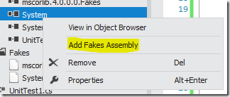 The Add Fakes Assembly context menu item.