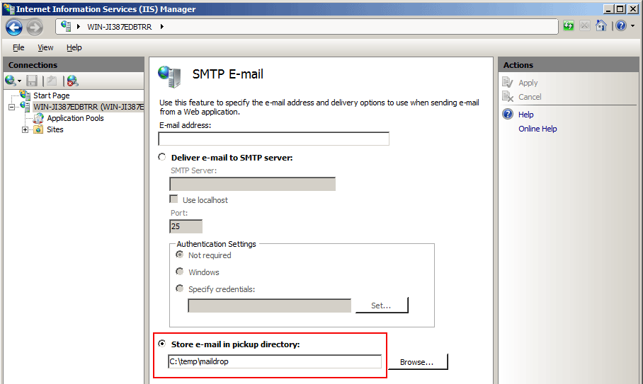 SMTP Email Settings Page with Drop Folder Highlighted