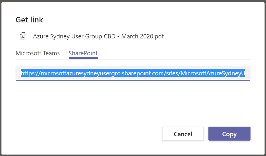 Anonymous file share - step 2 - Get link dialog in Teams