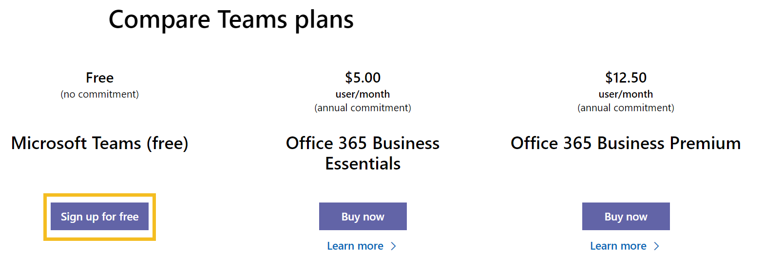 Microsoft Teams - Signup step 1 - Click the 'Sign up for free' button