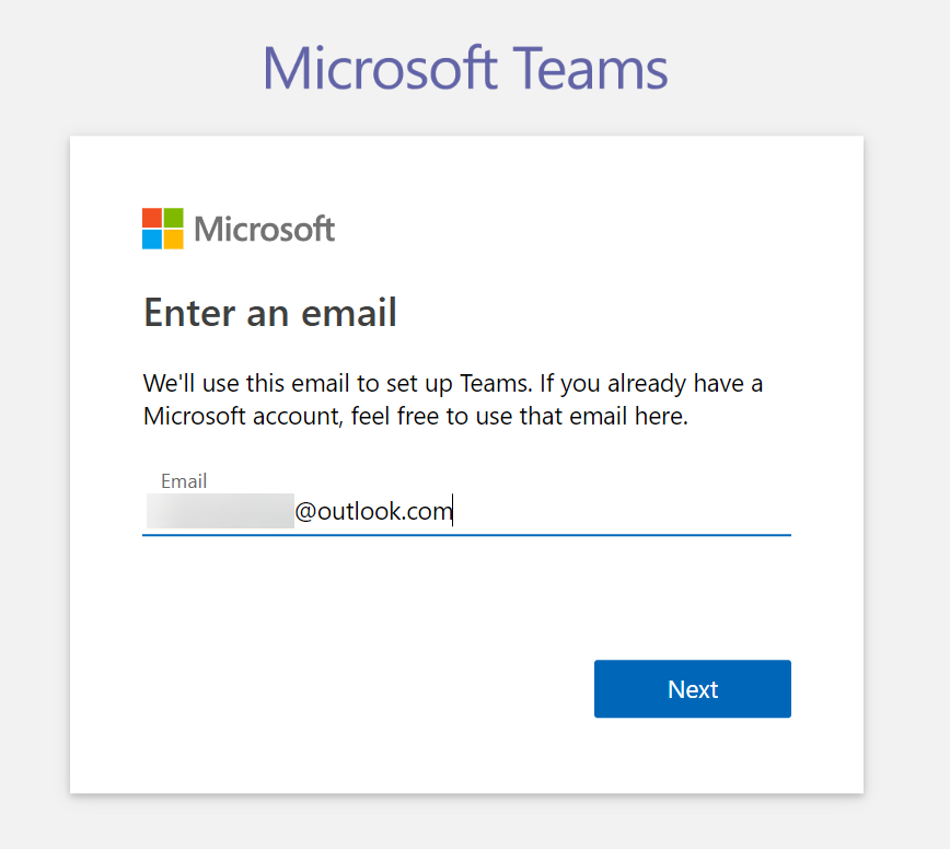 Microsoft Teams - Signup step 2 - Enter admin email address