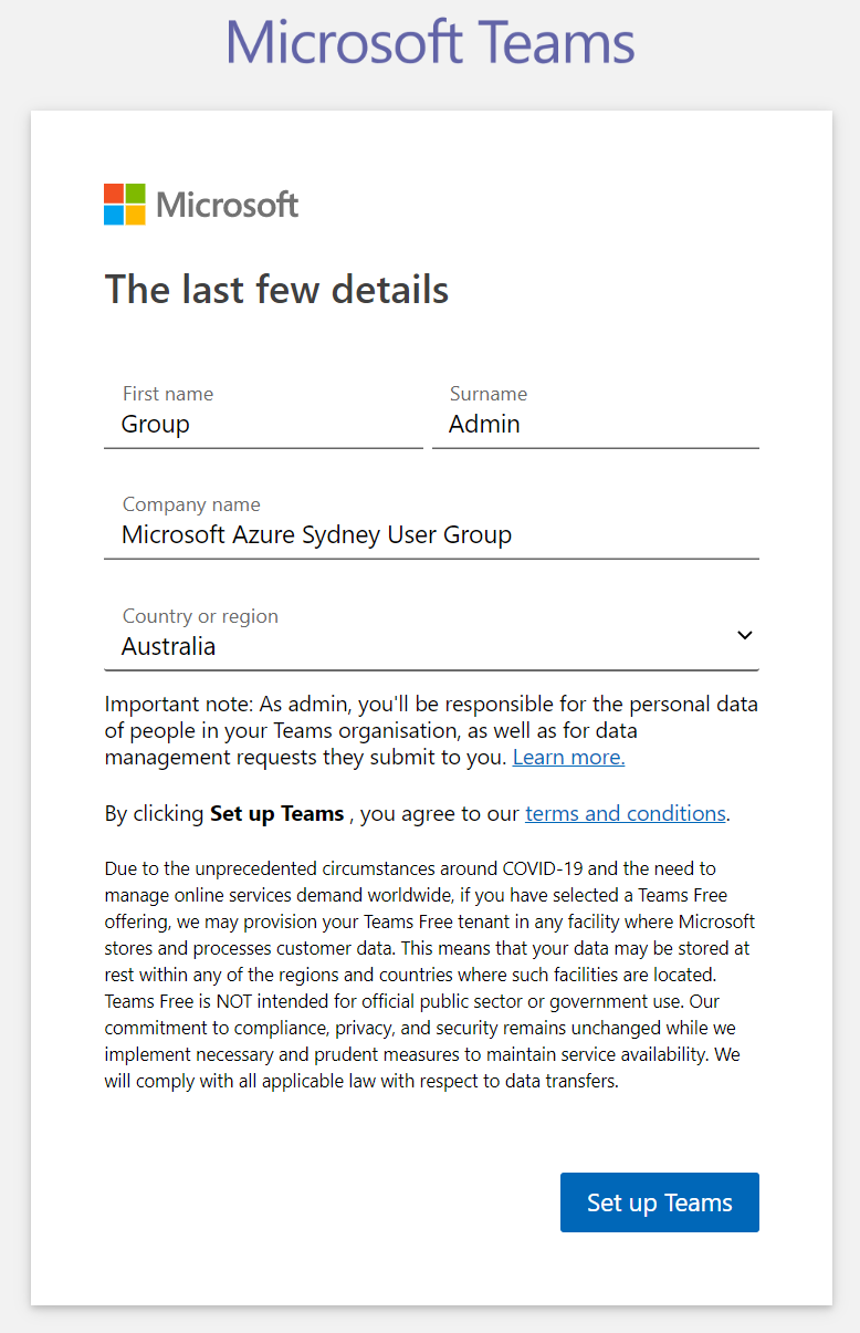 Microsoft Teams - Signup step 5 - Enter final details