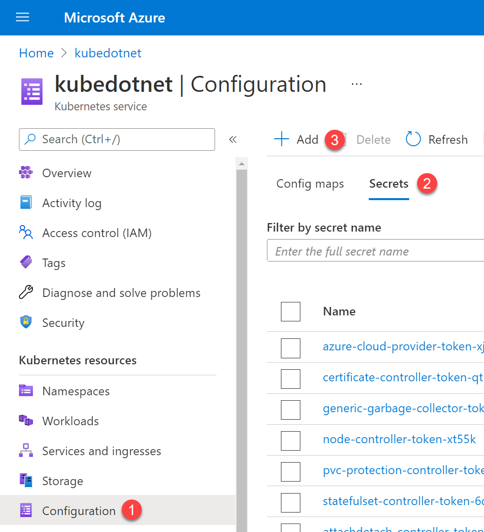 How to add a Secret to Kubernetes in Azure Kubernetes Service in the Azure Portal.