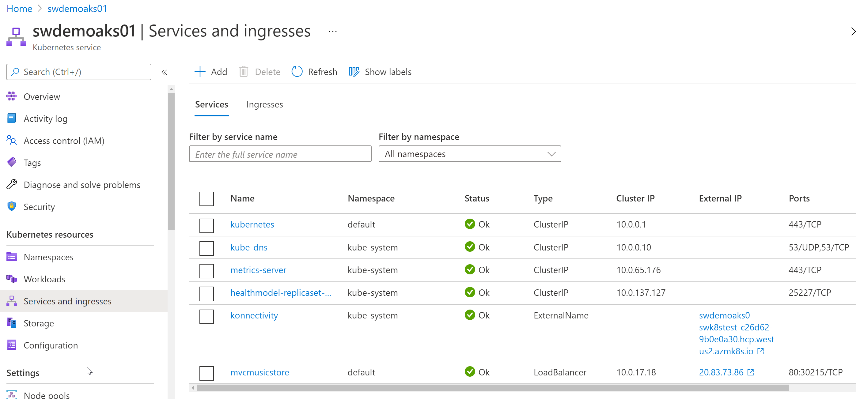 Services and ingresses view in Azure Kubernetes Service blade in the Azure Portal. Our new Service is at the bottom.