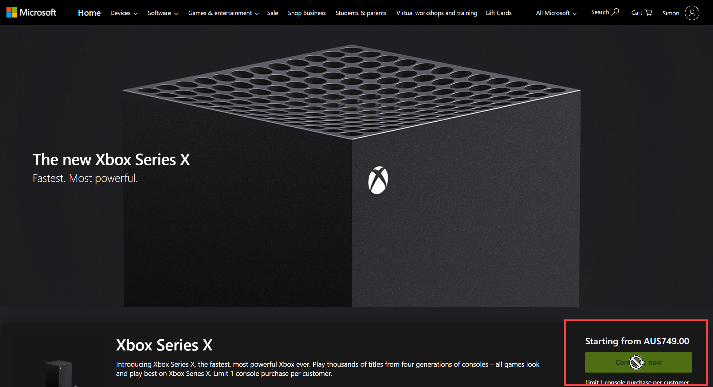 Microsoft XBox Series X Page on MS AU Website