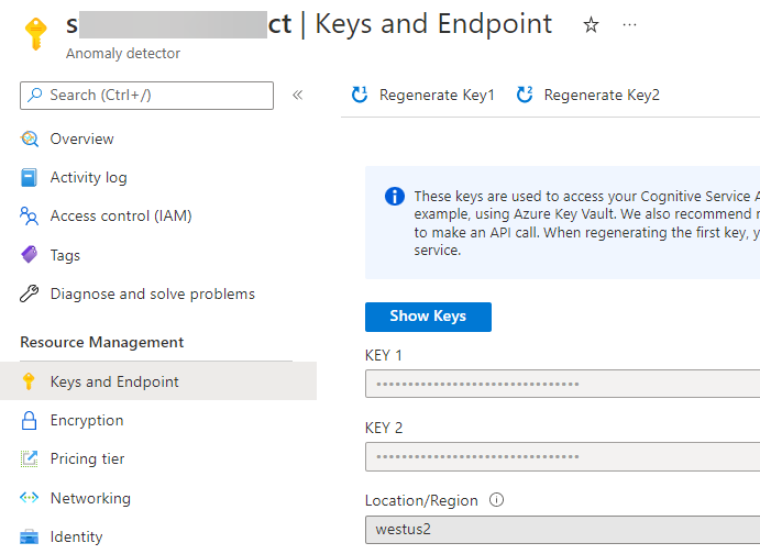 Keys and Endpoints blade in Azure Portal