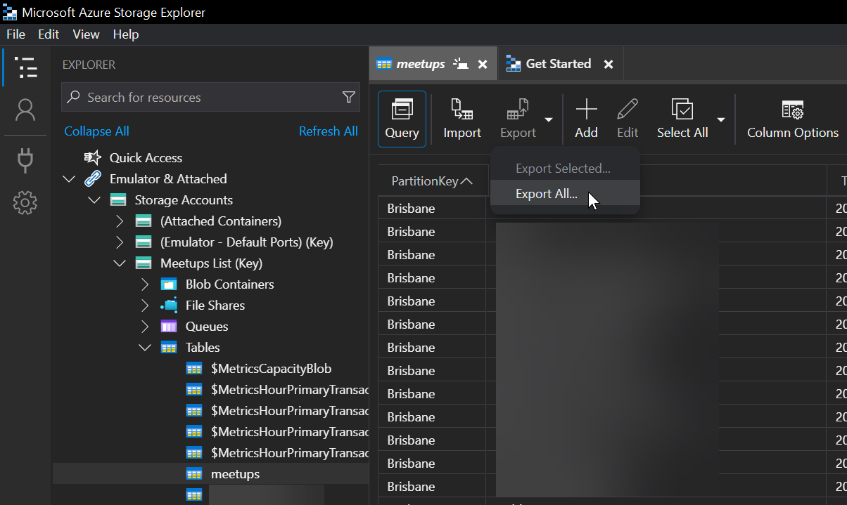Azure Storage Explorer - Export Table CSV