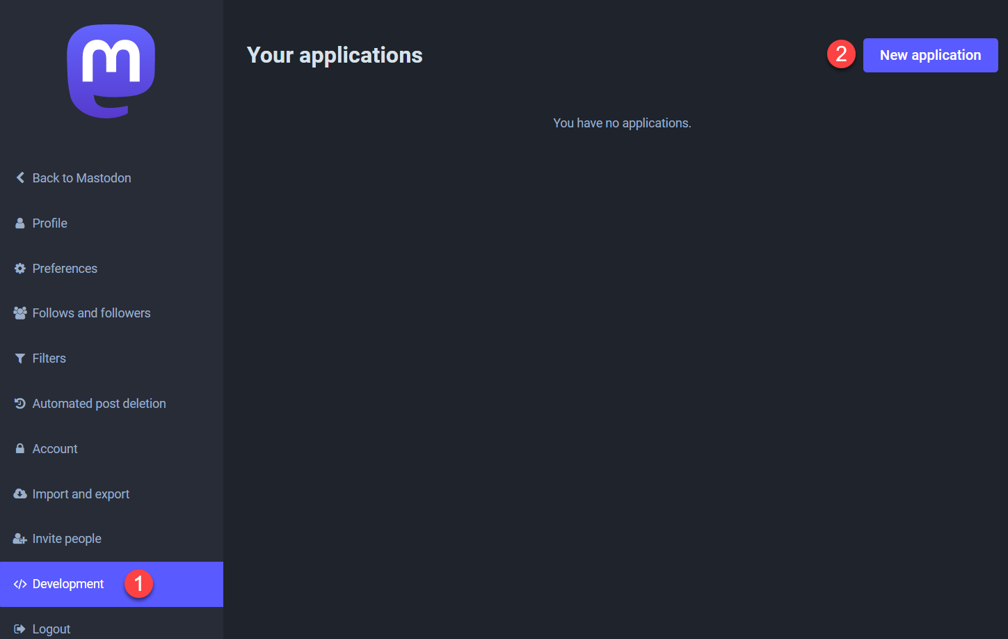 Screenshot of the Mastodon Development menu screen.