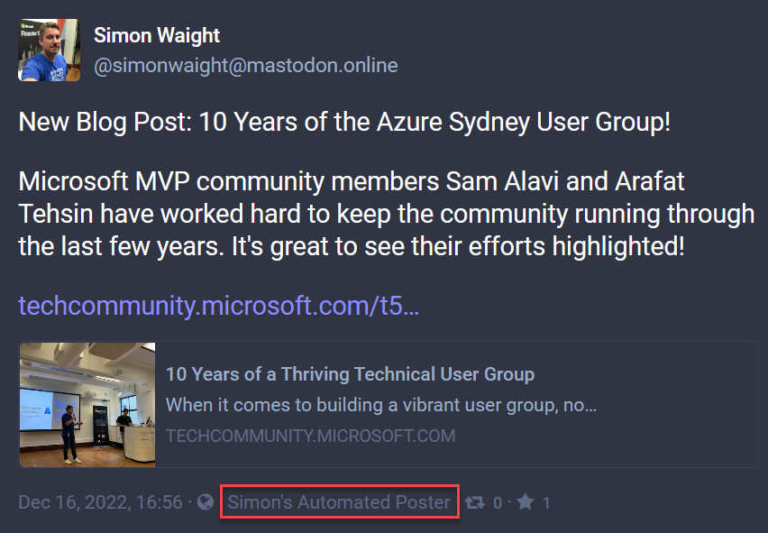 Sample Mastodon post with client application name highlighted.