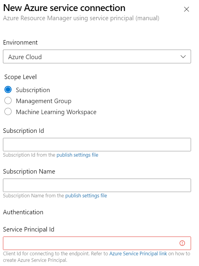 Setting up a new Service Connection in Azure DevOps.