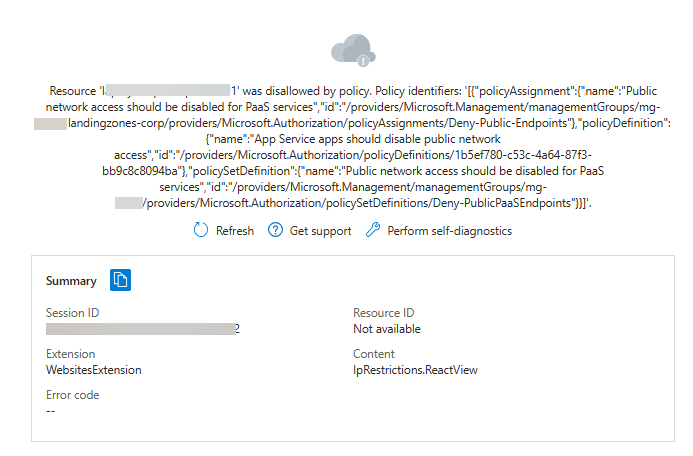Azure Policy blocks public endpoint even on private ASE